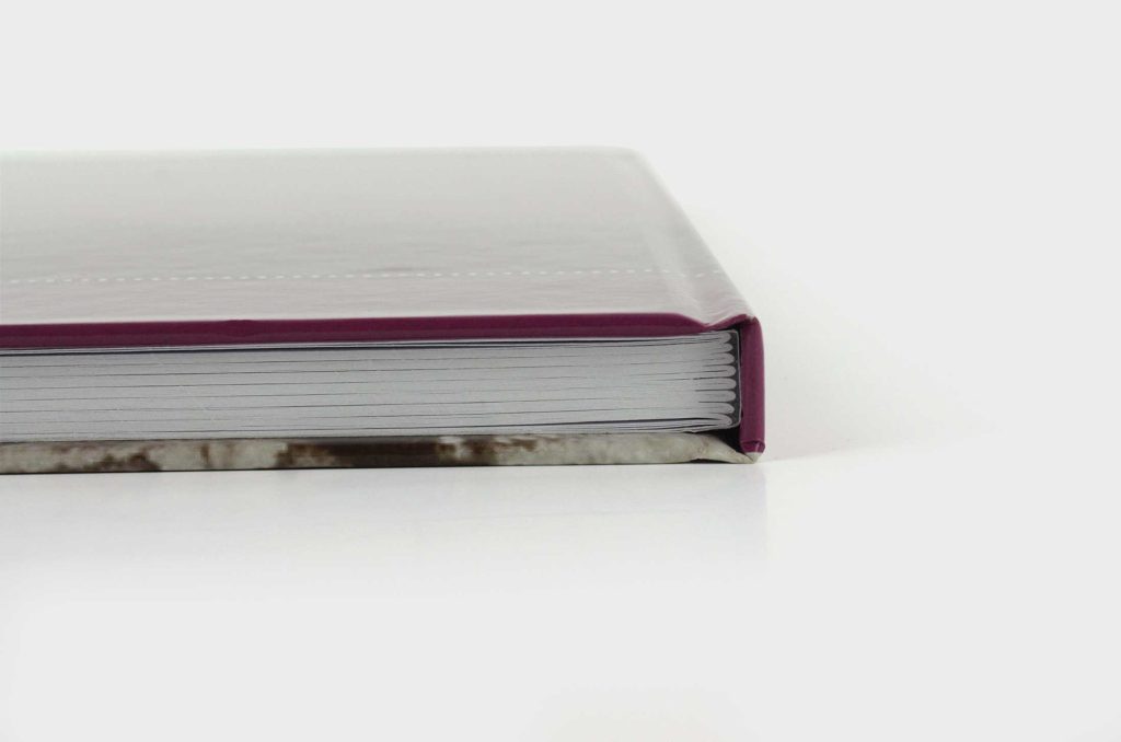 Een gedetailleerde foto van het boekblok van het familieboek Meer dan een naam
