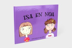 De omslag van het kinderboek Isa en Noa met een paarse achtergrond en twee getekende meisjes.